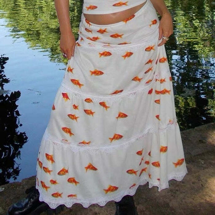 Y2K Fashion Koi Fish Maxi Skirt - Trendy 2000s Style for Unique Outfits