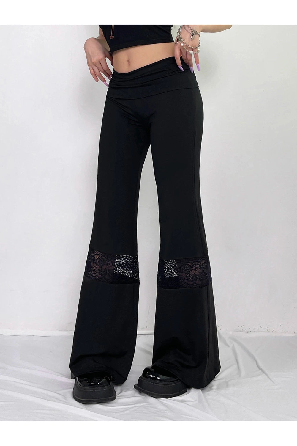 Y2K Fashion Lace Panel Flare Pants - Trendy 2000s Style for Women