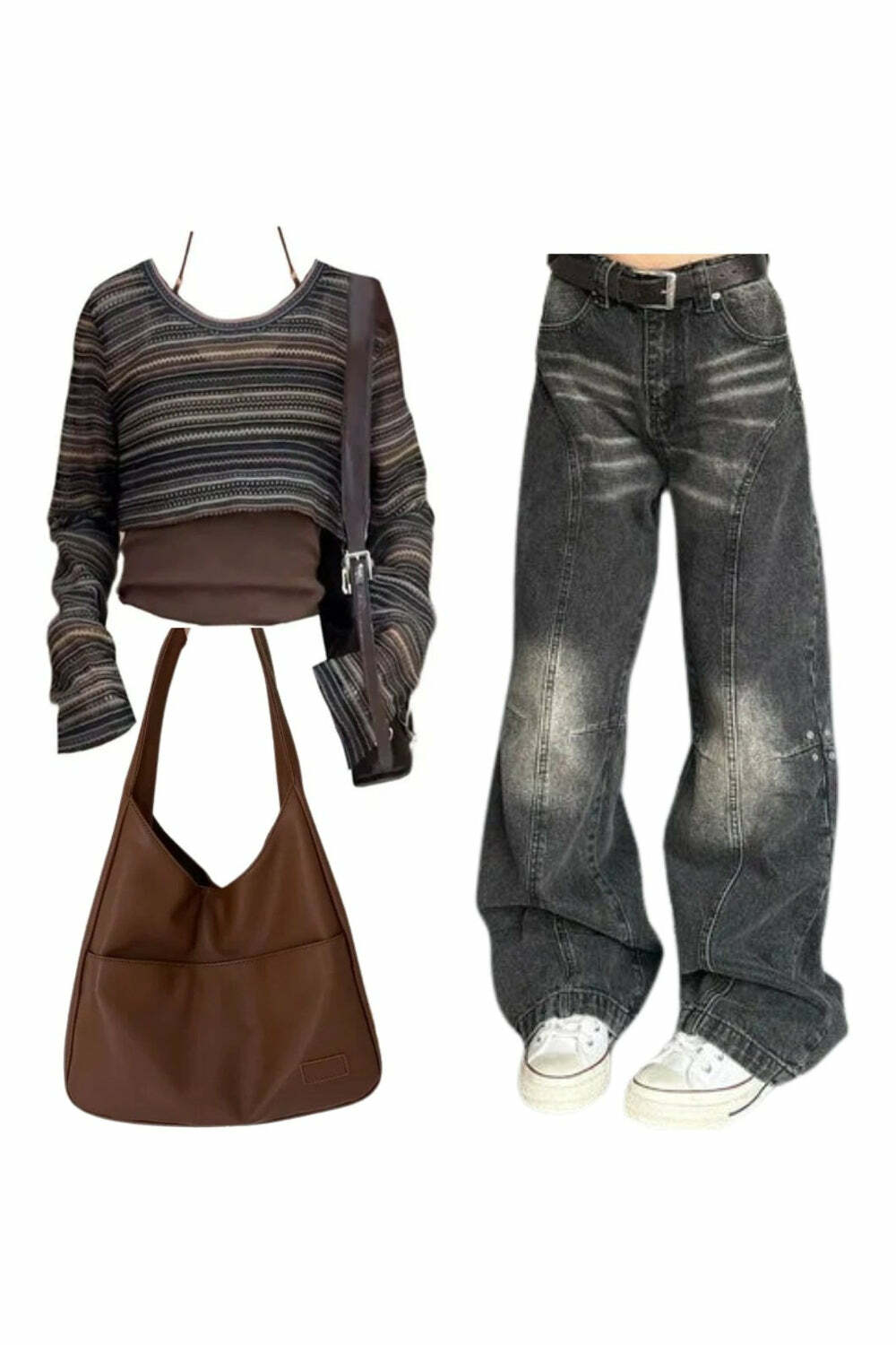 Y2K Fashion: Layered Boho Knit Crop Top & Washed Black Wide-Leg Jeans