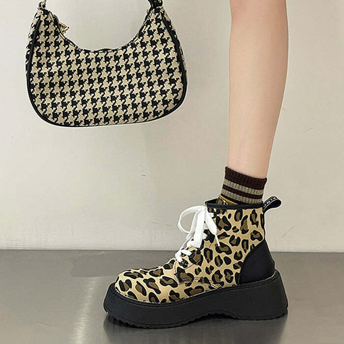 Y2K Fashion Leopard Lace Up Boots - Trendy 2000s Style Footwear