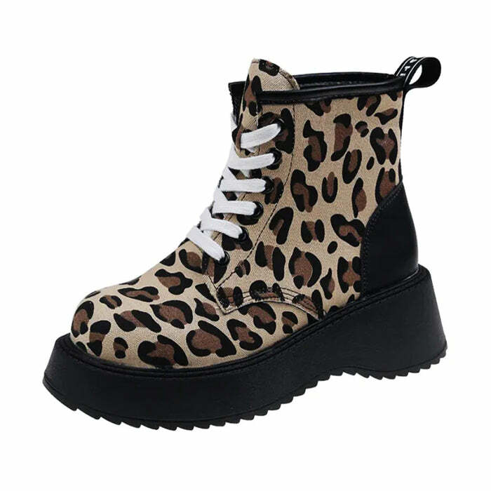 Y2K Fashion Leopard Lace Up Boots - Trendy 2000s Style Footwear