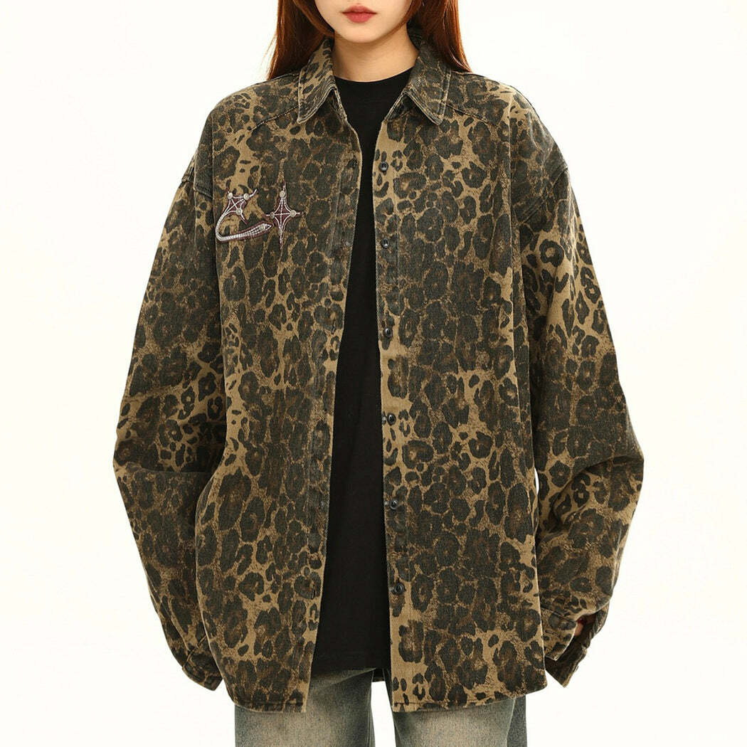 Y2K Fashion Leopard Oversized Jacket - Trendy 2000s Style Outerwear