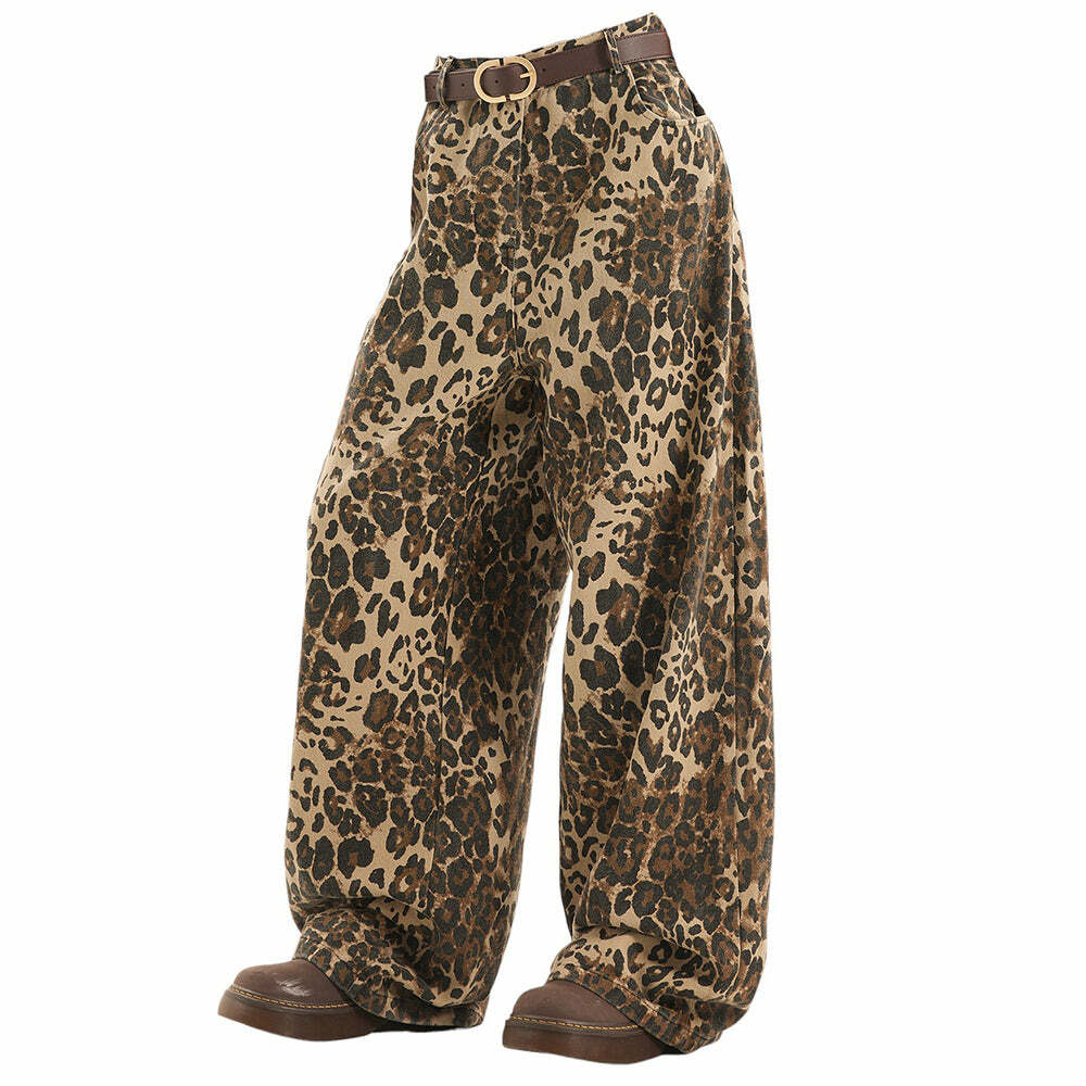 Y2K Fashion Leopard Print Wide-Leg Pants - 2000s Style Statement