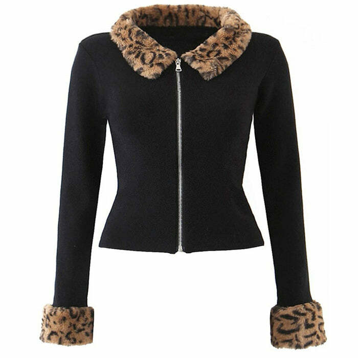 Y2K Fashion Leopard Trim Zip Up Cardigan - 2000s Style Essential