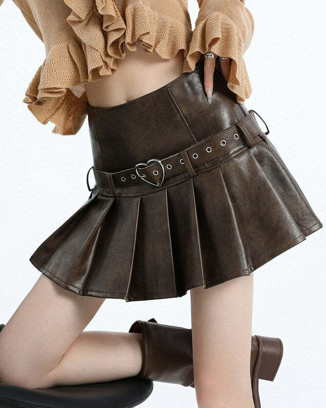 Y2K Fashion Love Bites Leather Pleated Skirt - 2000s Style Essential