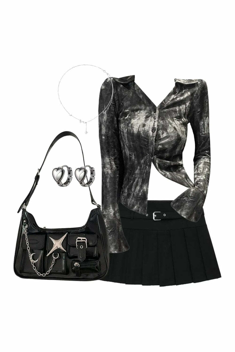 Y2K Fashion: Metallic Asymmetrical Blouse & Chic Zipper Skirt Outfit Set