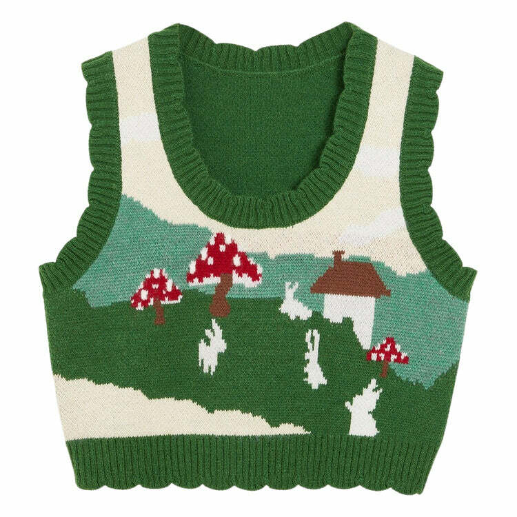 Y2K Fashion Mushroom Aesthetic Knit Vest - Trendy 2000s Style Top