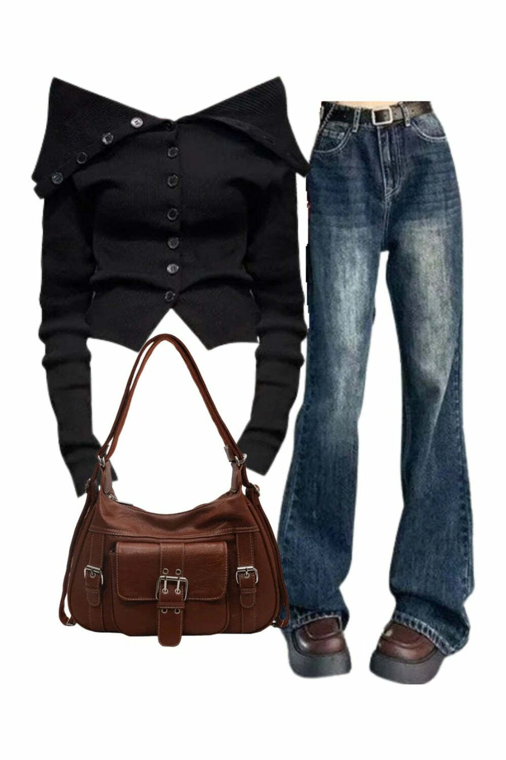 Y2K Fashion: Noir Off-Shoulder Cardigan, Vintage Flare Jeans & Satchel Bag