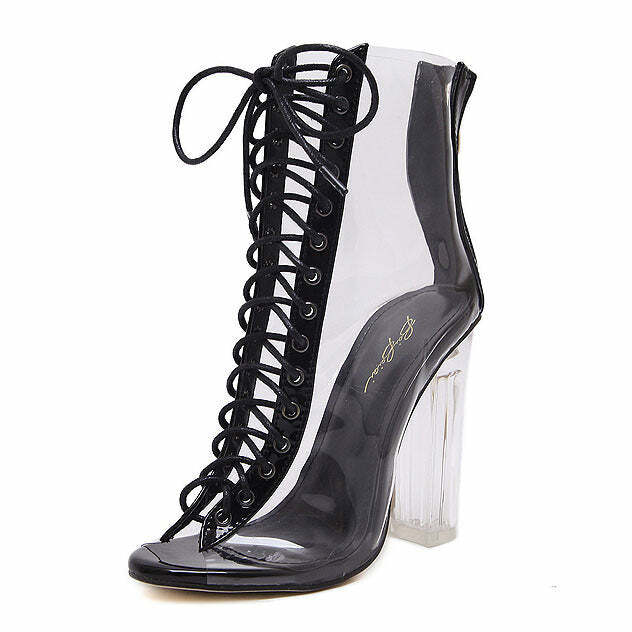 Y2K Fashion Nude Clear Lace Up Heels - Trendy 2000s Style Footwear