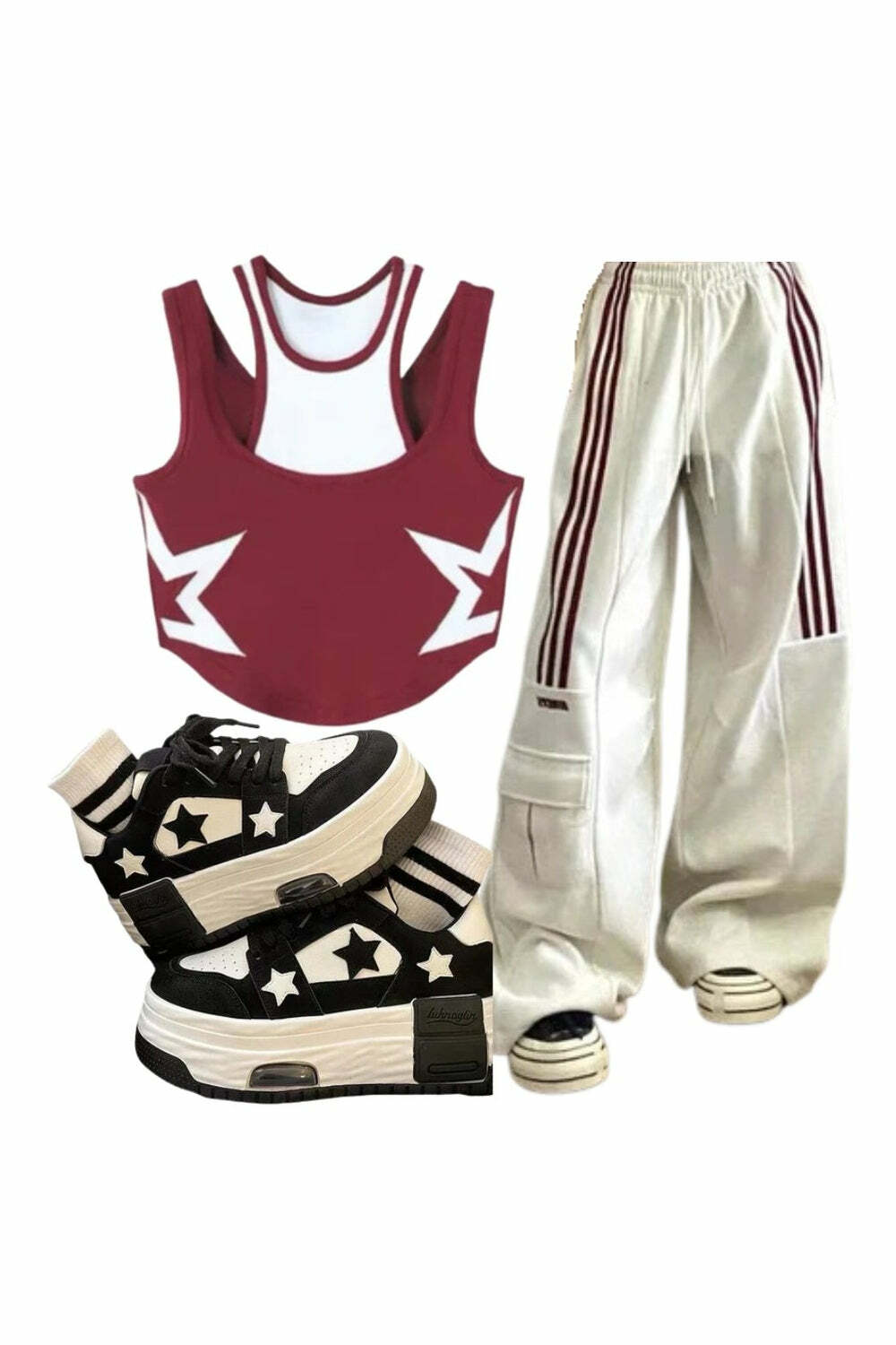 Y2K Fashion Outfit: Striped Cargo Pants, Star Racerback Crop Top & Skate Shoes