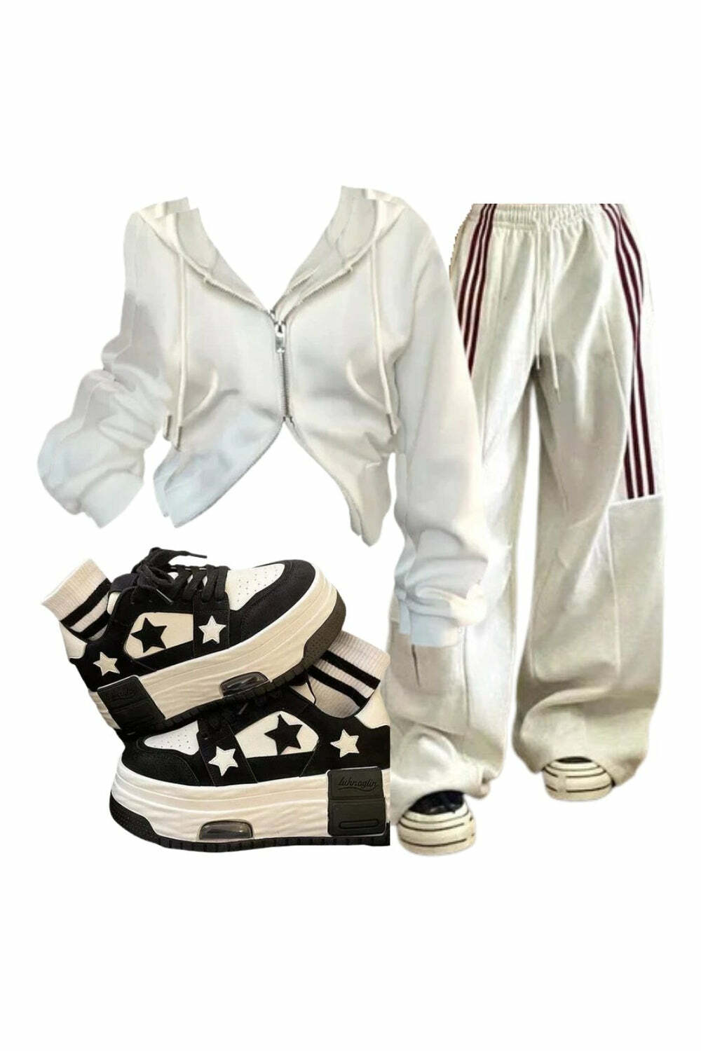 Y2K Fashion Outfit: Striped Cargo Pants, White Zip Hoodie & Skateboard Shoes