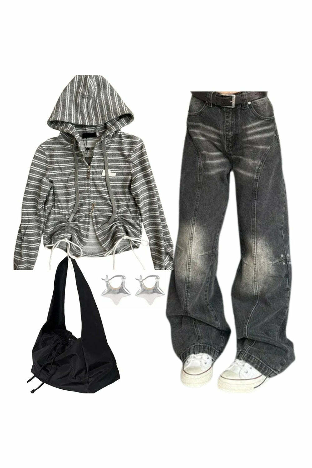 Y2K Fashion Outfit: Striped Zip-Up Hoodie, Wide-Leg Jeans & Bucket Bag