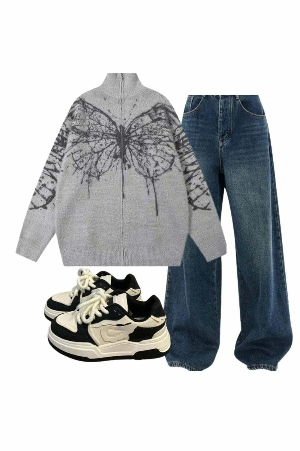 Y2K Fashion: Oversized Dark Wash Wide-Leg Jeans & Butterfly Grunge Sweater