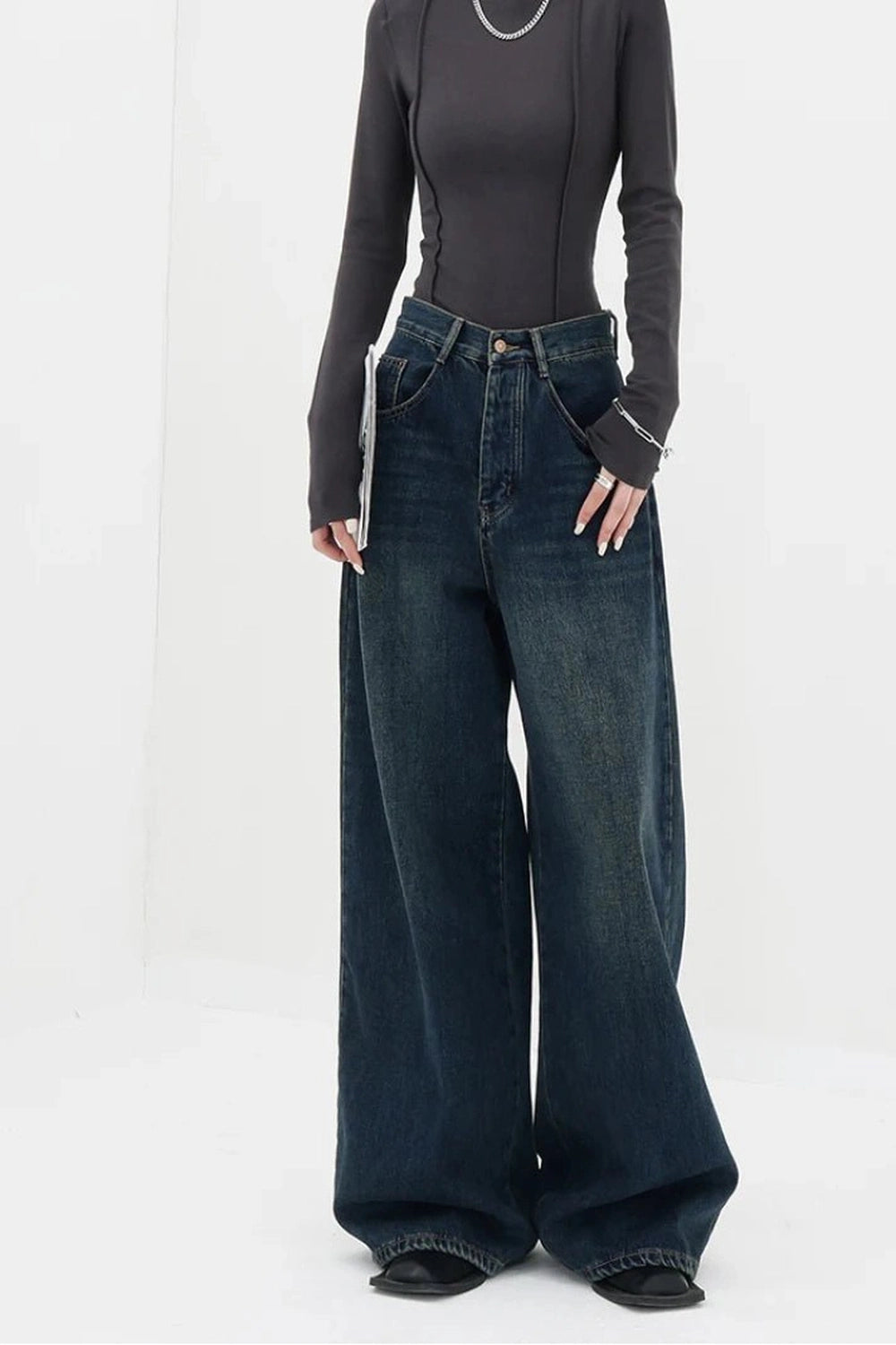 Y2K Fashion Oversized Dark Wash Wide-Leg Jeans for Trendy Outfits