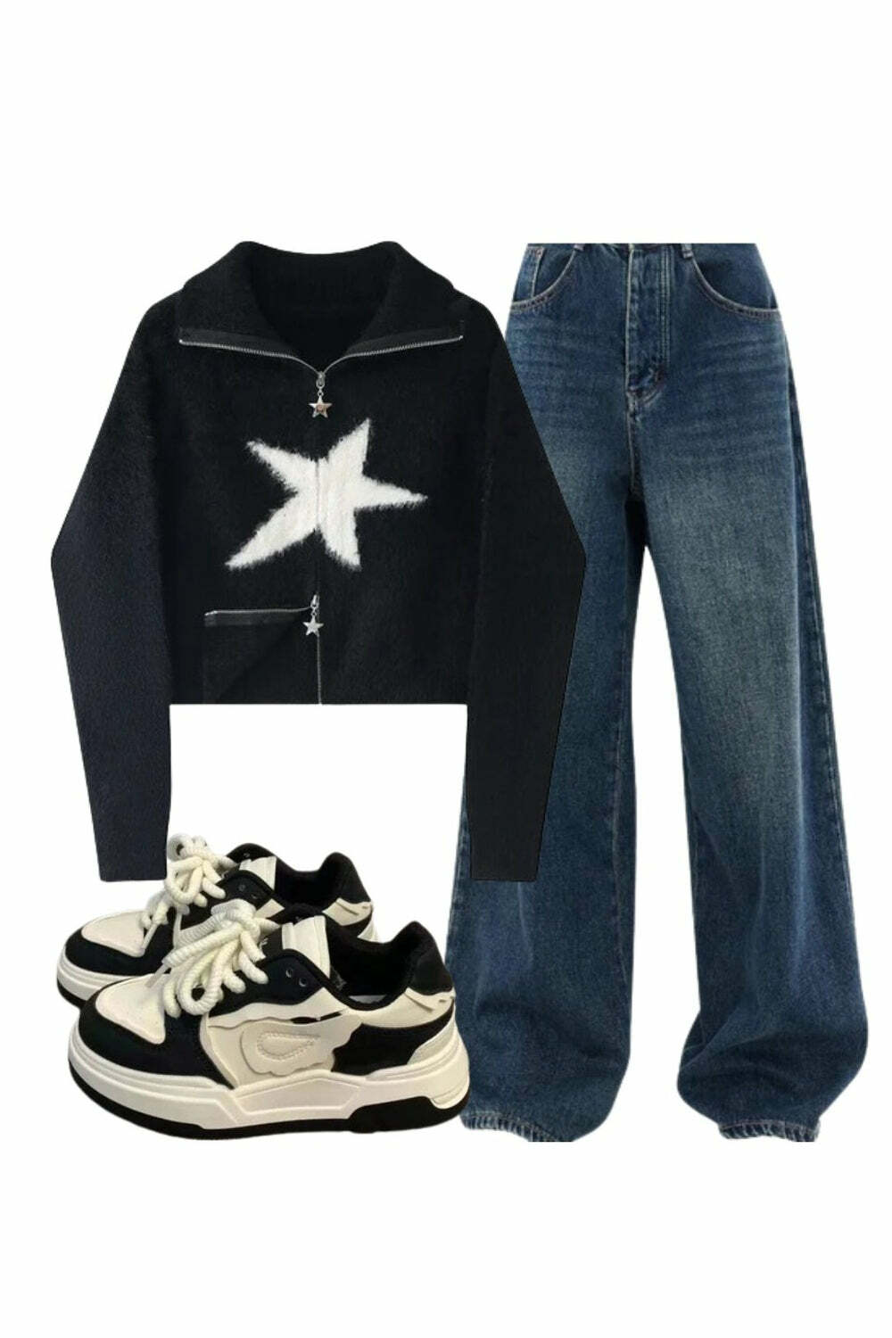 Y2K Fashion: Oversized Dark Wash Wide-Leg Jeans & Star Zip-Up Sweater