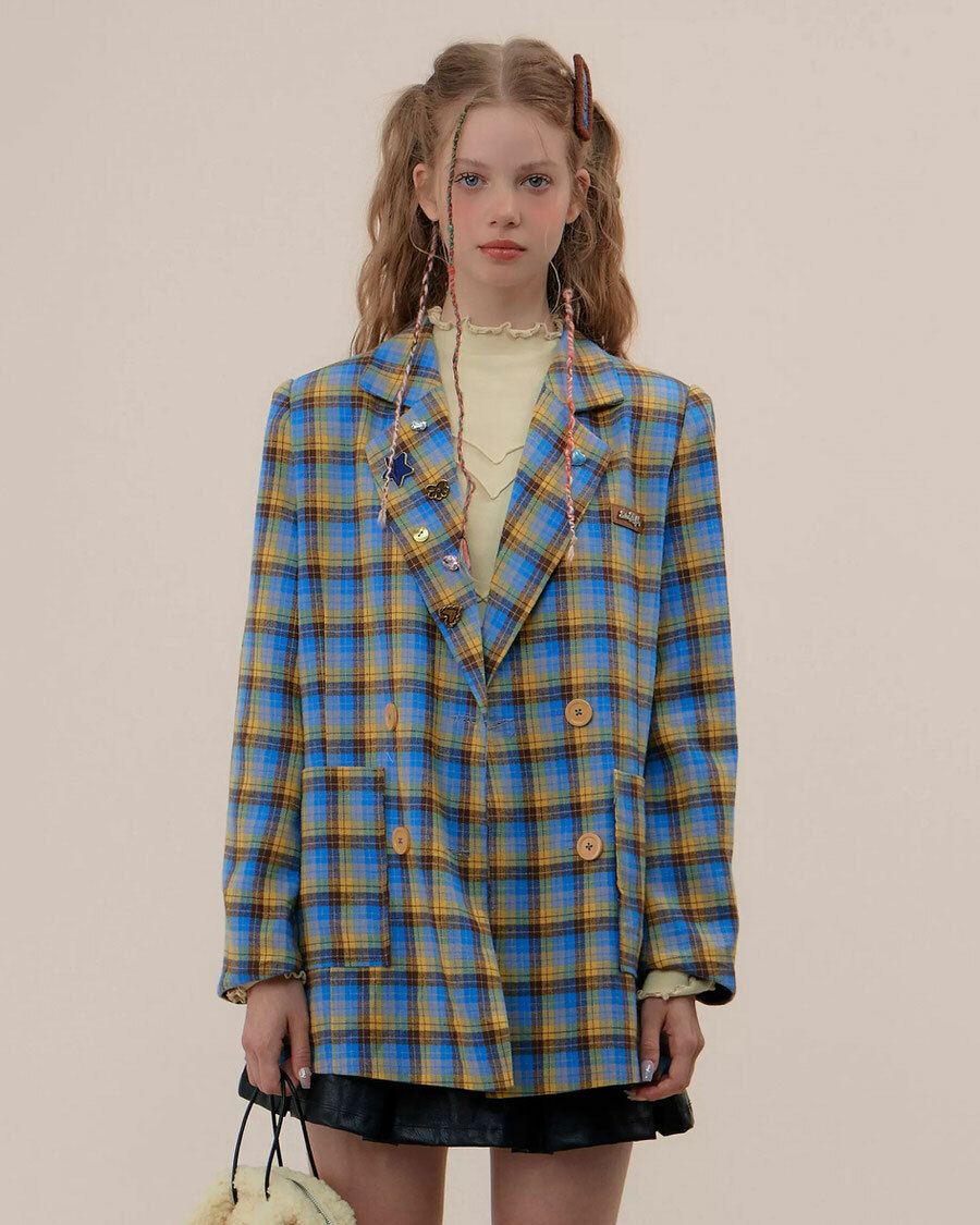 Y2K Fashion Oversized Plaid Blazer - Trendy 2000s Style Outerwear