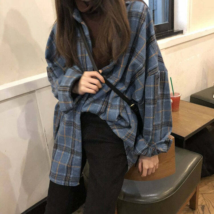 Y2K Fashion Oversized Plaid Shirt - Trendy 2000s Style for Women