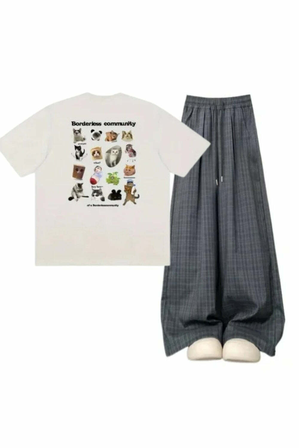 Y2K Fashion: Oversized Plaid Slouchy Pants & Fun Pet Print Tee Outfit