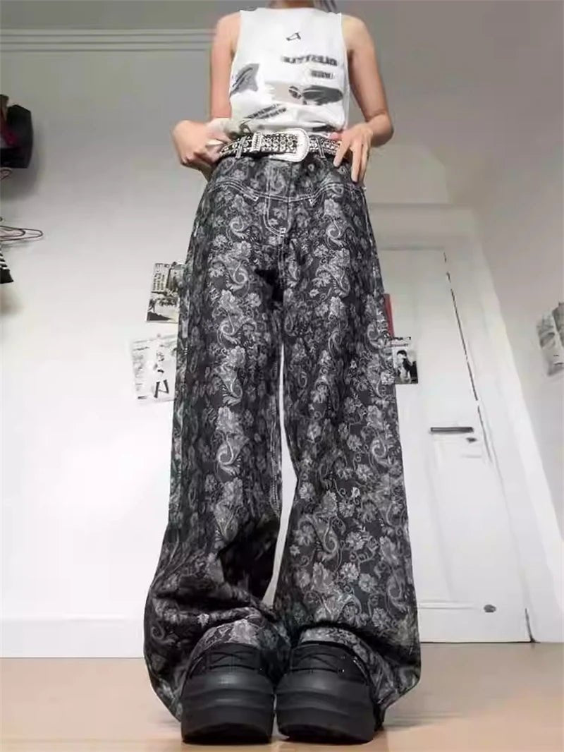 Y2K Fashion Paisley Shadow Wide-Leg Pants - Trendy 2000s Style