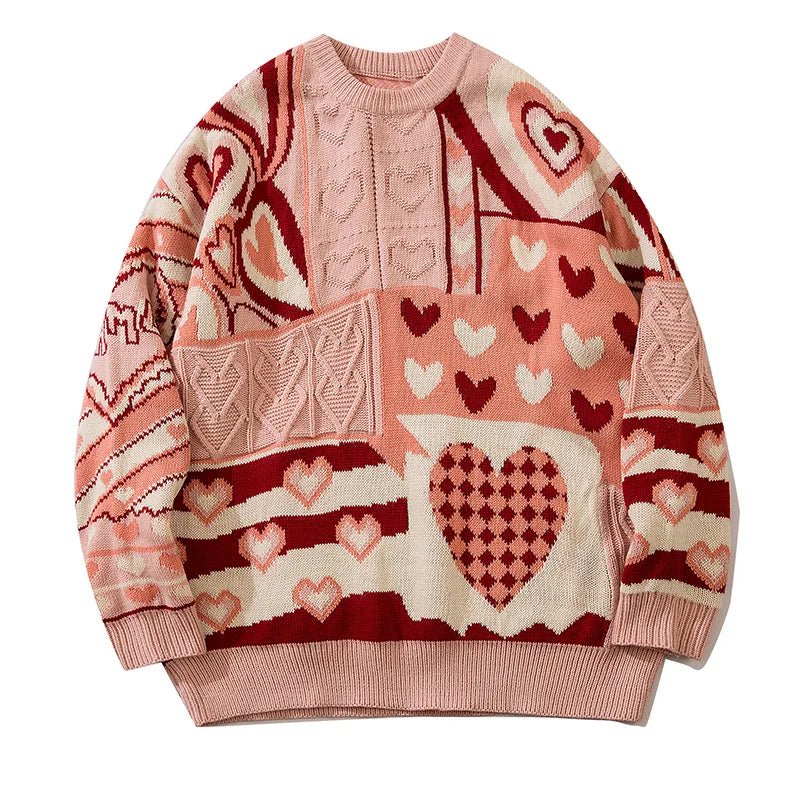 Y2K Fashion Patchwork Heart Oversized Sweater - 2000s Style Essential