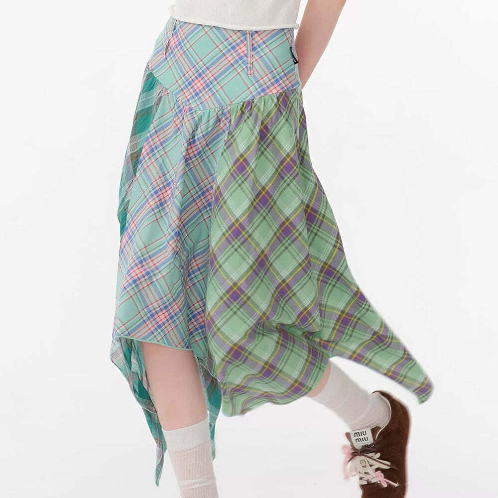 Y2K Fashion Patchwork Midi Plaid Skirt - Trendy 2000s Style Outfit