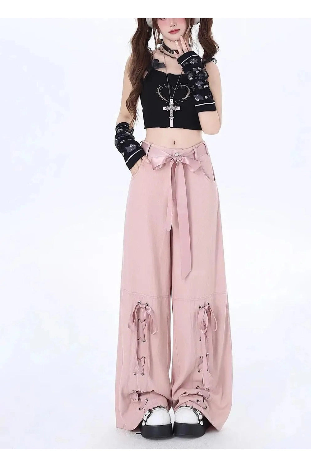 Y2K Fashion Pink Bow Lace-Up Pants - Trendy 2000s Style Outfit