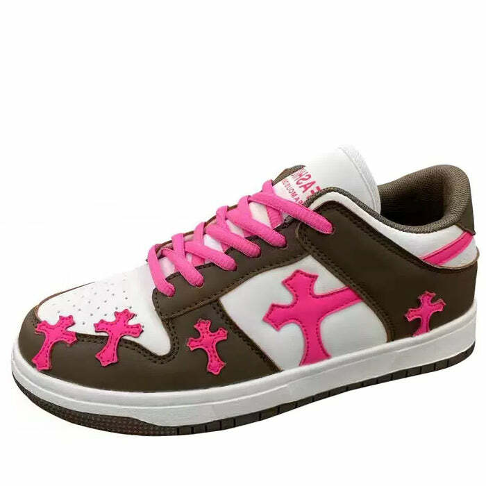 Y2K Fashion Pink & Brown Cross Sneakers - Trendy 2000s Style Footwear