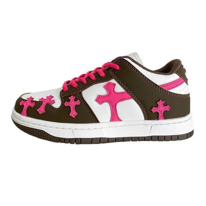 Y2K Fashion Pink & Brown Cross Sneakers - Trendy 2000s Style Footwear