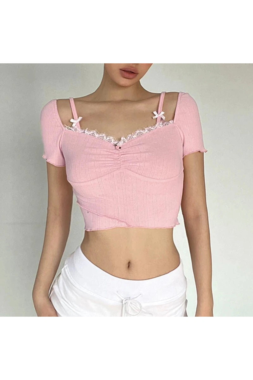 Y2K Fashion Pink Lace Bow Trim Crop Top - 2000s Style Aesthetic