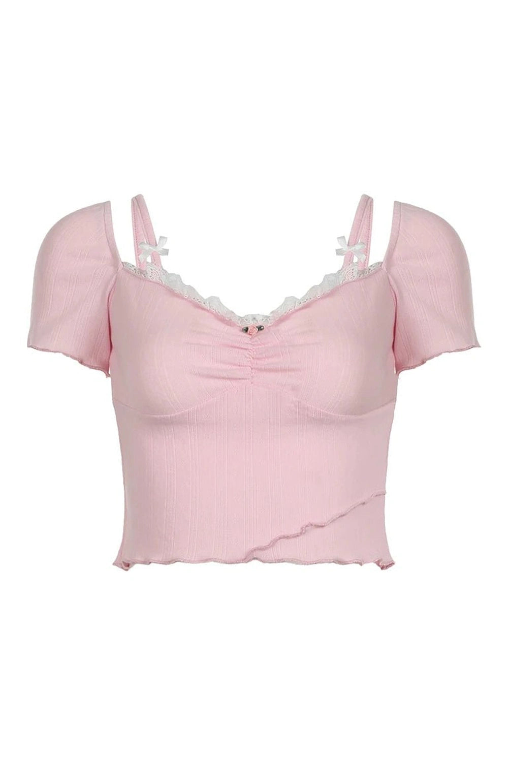 Y2K Fashion Pink Lace Bow Trim Crop Top - 2000s Style Aesthetic