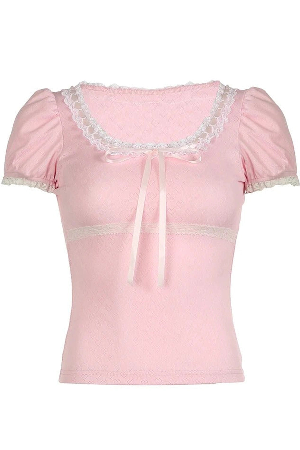 Y2K Fashion Pink Lace-Trim Puff Sleeve Top - 2000s Style Essential