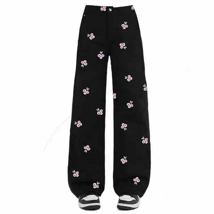 Y2K Fashion Pink Rose Embroidery Wide Leg Pants - Trendy 2000s Style