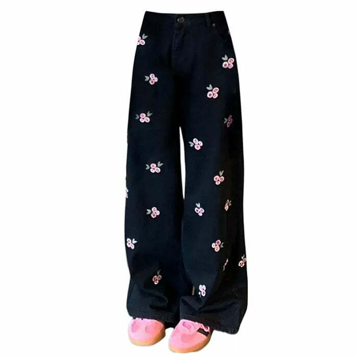 Y2K Fashion Pink Rose Embroidery Wide Leg Pants - Trendy 2000s Style