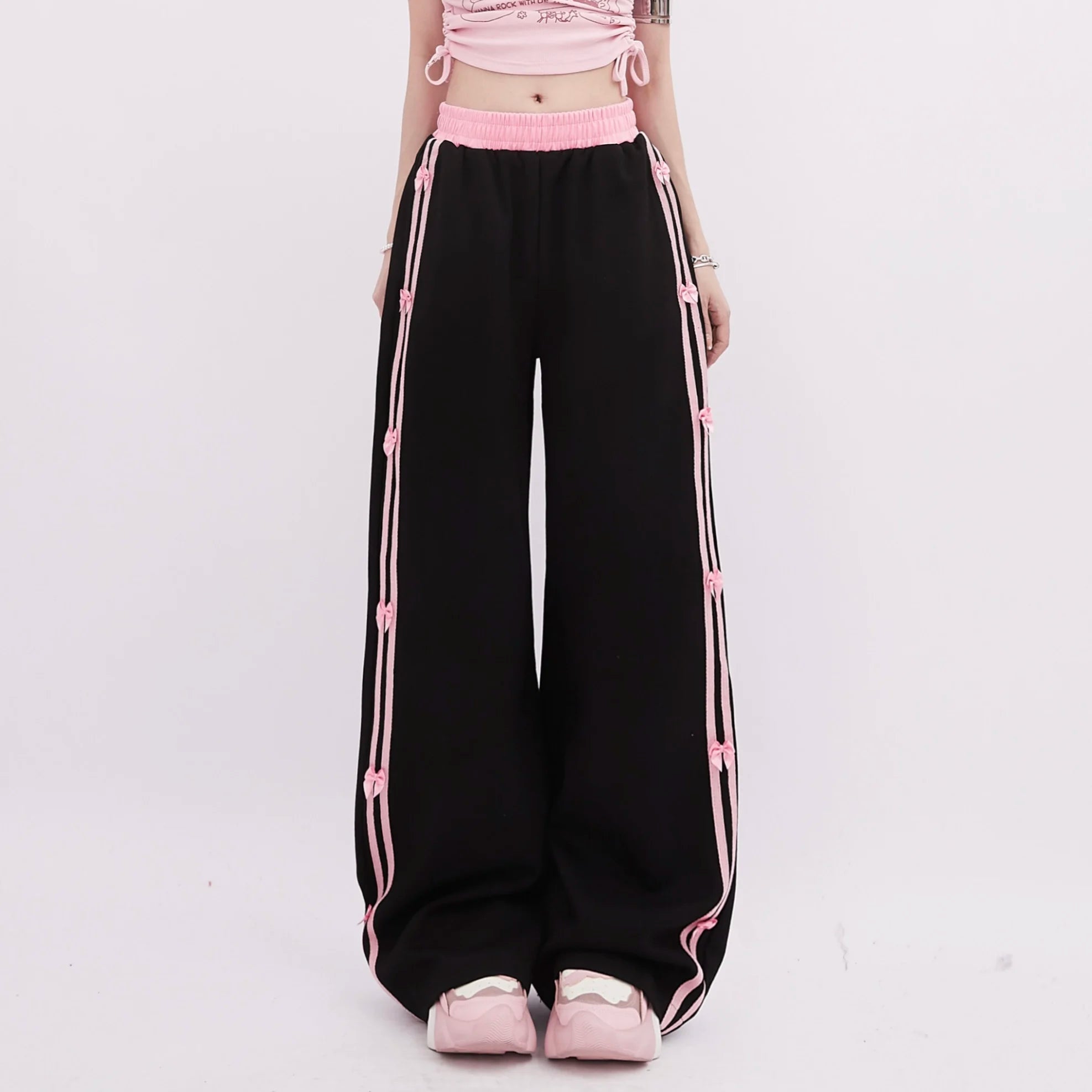 Y2K Fashion Pink-Trimmed Bow Accent Wide-Leg Pants for Trendy Looks