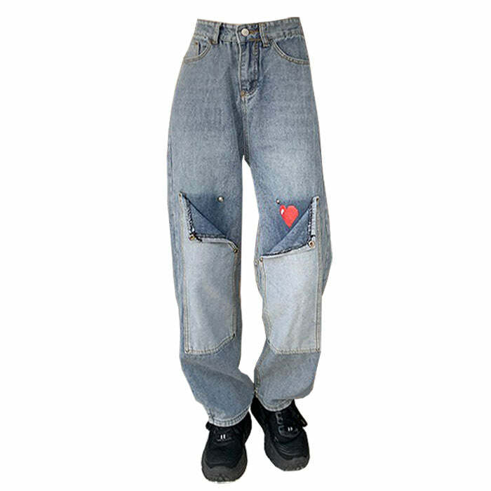 Y2K Fashion Pixel Heart Wide Jeans - Retro 2000s Style Denim