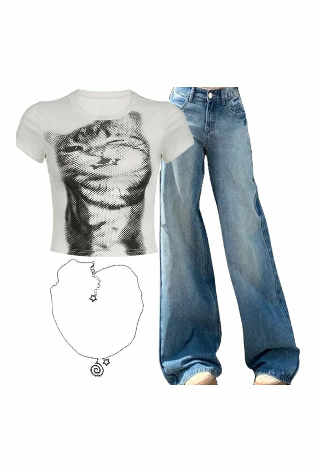 Y2K Fashion: Pixelated Cat Crop Top, Light Wash Wide-Leg Denim & Punk Necklaces