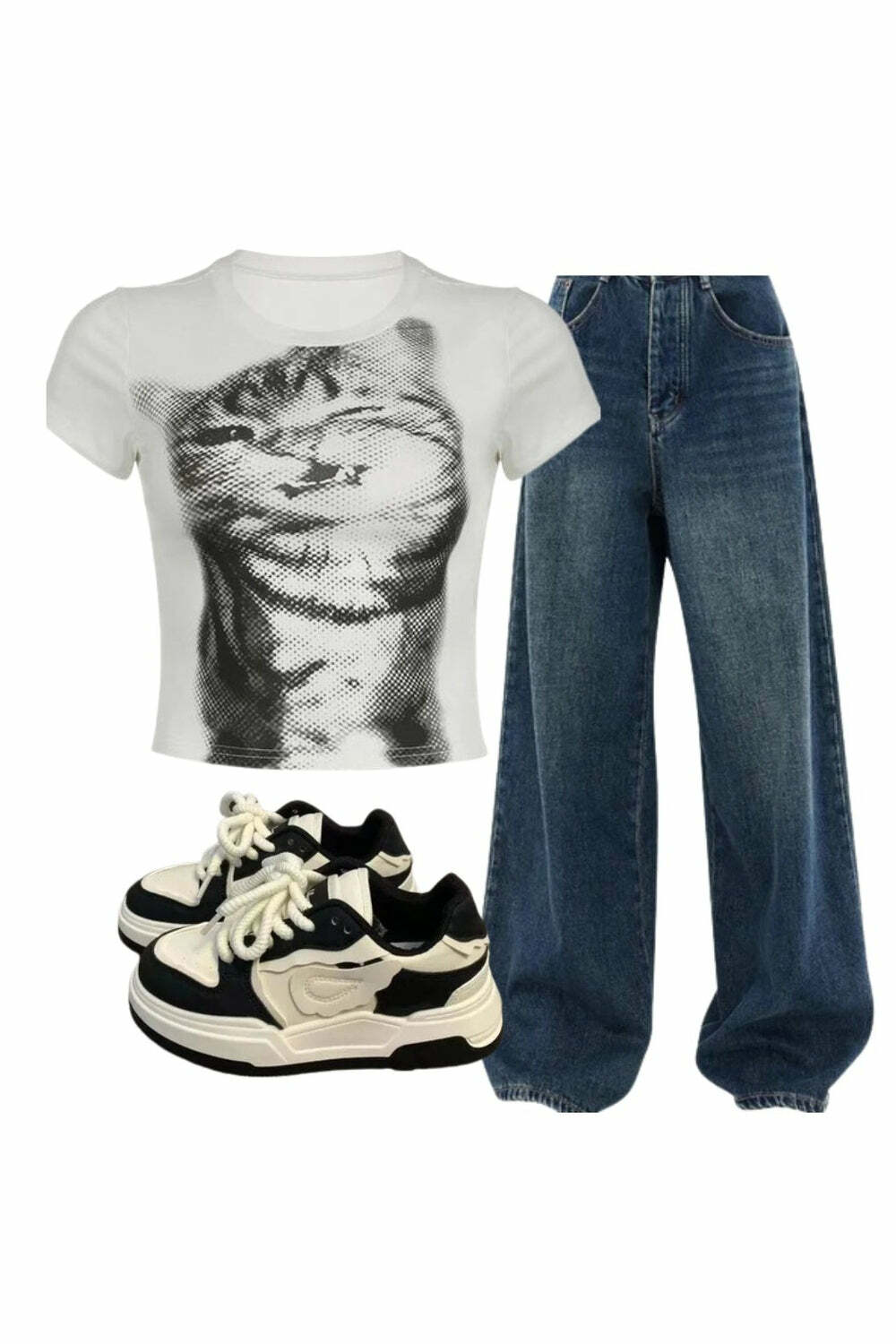 Y2K Fashion: Pixelated Cat Crop Top, Oversized Wide-Leg Jeans & Sneakers