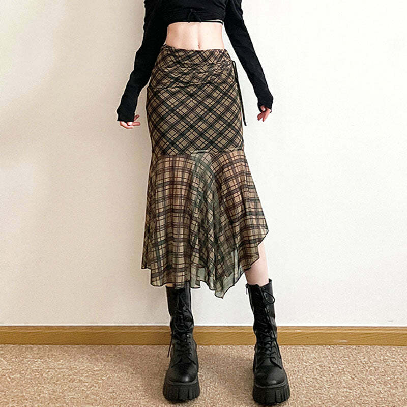 Y2K Fashion Plaid Asymmetrical Mesh Skirt - Trendy 2000s Style