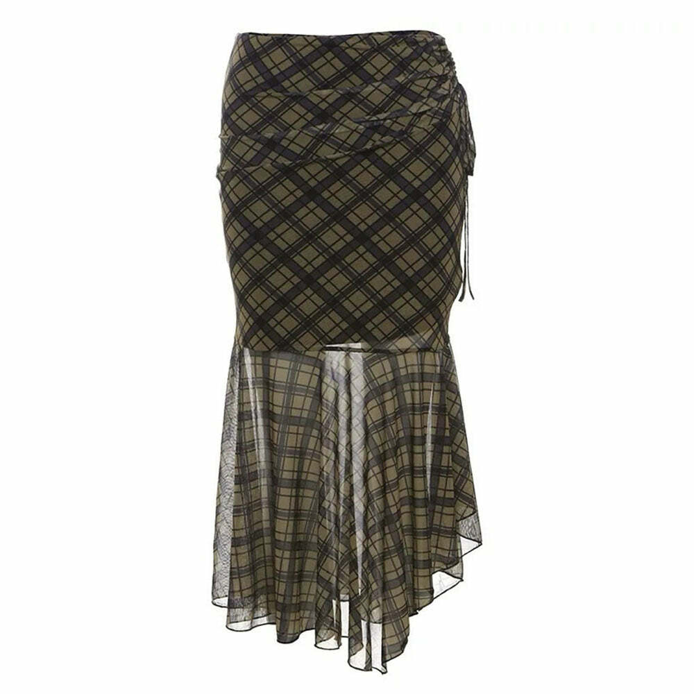 Y2K Fashion Plaid Asymmetrical Mesh Skirt - Trendy 2000s Style