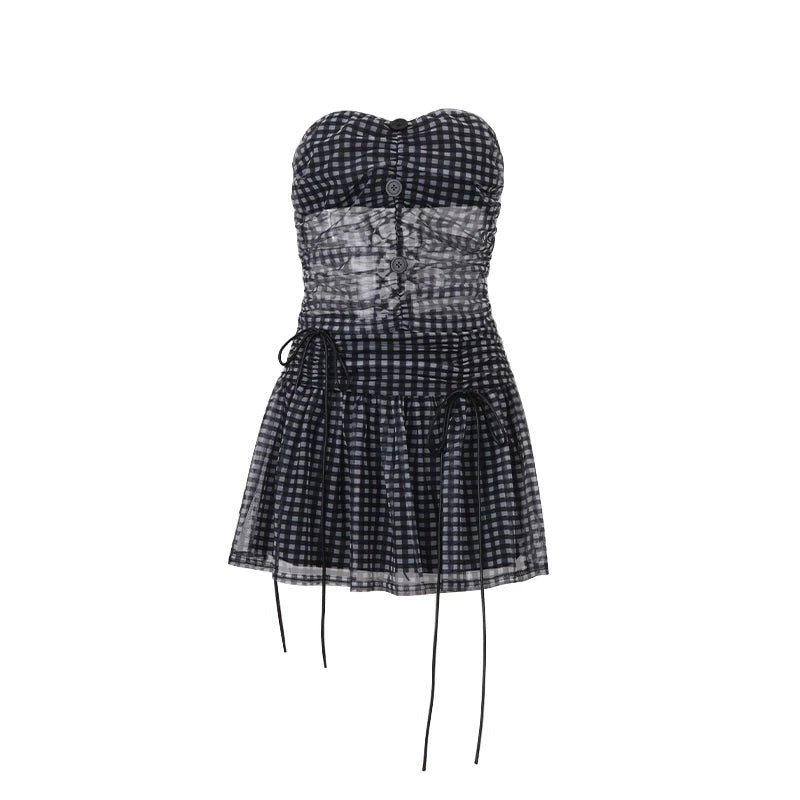 Y2K Fashion Plaid Mesh Strapless Skirt Set - Trendy 2000s Style Outfit