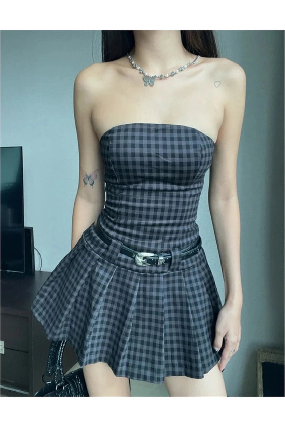 Y2K Fashion Plaid Strapless Skater Dress - 2000s Style Aesthetic Outfit