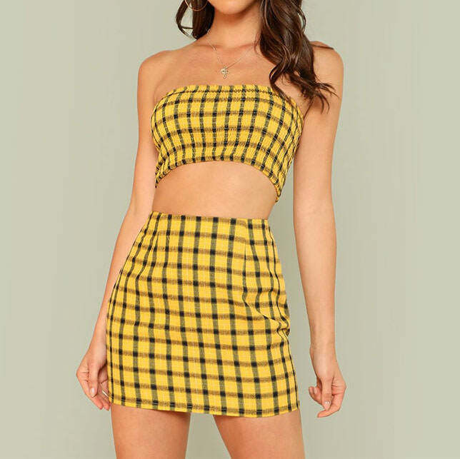 Y2K Fashion Plaid Top & Skirt Set - Trendy 2000s Style Outfits