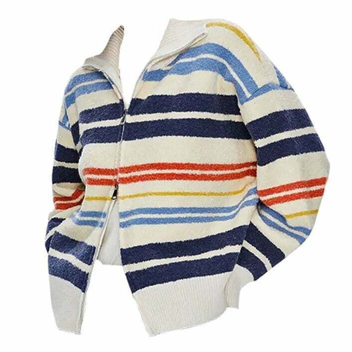 Y2K Fashion Prep School Striped Zip-Up Long Sleeve Top for Trendy Looks