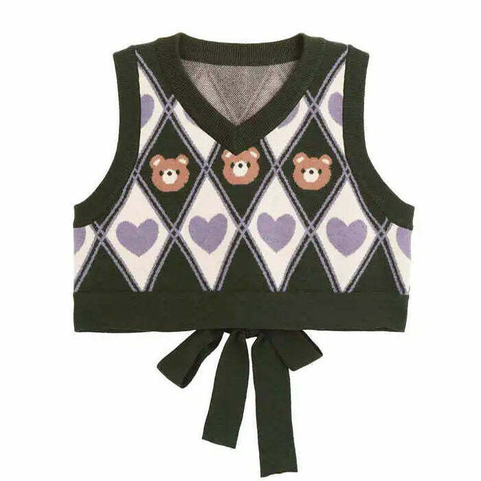 Y2K Fashion Preppy Bear Argyle Crop Vest - 2000s Style Aesthetic Top