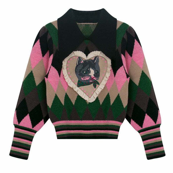 Y2K Fashion Preppy Cat Argyle Collar Jumper - 2000s Style Aesthetic