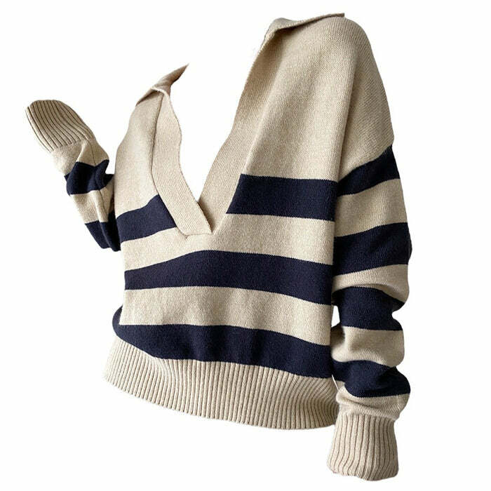 Y2K Fashion Preppy Collar Striped Pullover - 2000s Style Essential