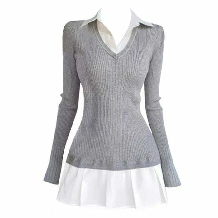 Y2K Fashion Preppy Style Pleated Knit Dress - 2000s Aesthetic Outfit