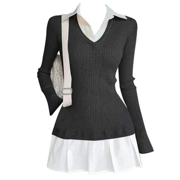 Y2K Fashion Preppy Style Pleated Knit Dress - 2000s Aesthetic Outfit