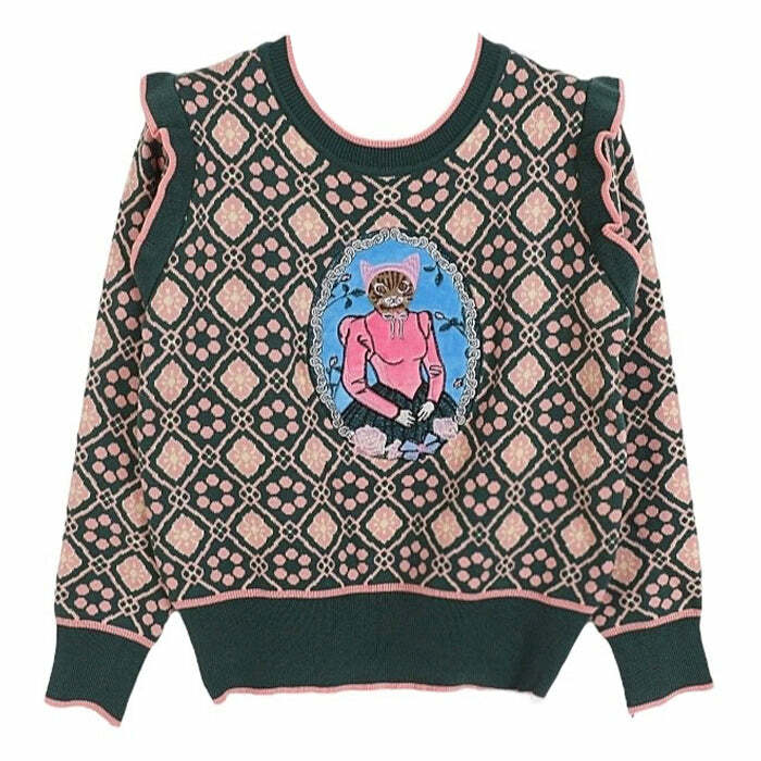 Y2K Fashion Princess Cat Knit Pullover - Trendy 2000s Style Top