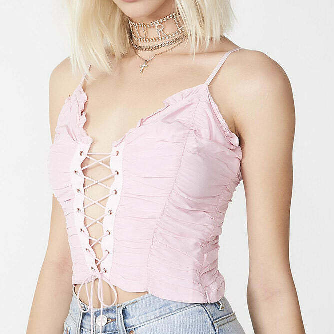 Y2K Fashion Princess Lace Up Top - Trendy 2000s Style Aesthetic